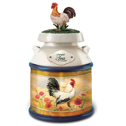 The Bradford Exchange Country Morning "Tea" Issue #1 Limited-Edition Food Safe and Country Chic Kitchen Canister Collection with Rooster Artwork by Dona Gelsinger