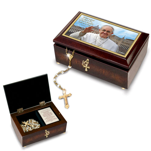 The Bradford Exchange Pope Francis Music Box Handcrafted Mahogany Finish with Golden Faux Pearl Rosary Plays 