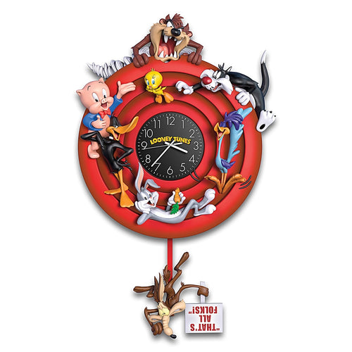 The Bradford Exchange Looney Tunes Sculptural Wall Clock Hand-cast & Intricately Sculpted Heirloom Quality with Eight Iconic Characters, Time-Intensive Hand-Painting & Quaint 'That's All Folks!' Pendulum 16-Inches - RCE Global Solutions
