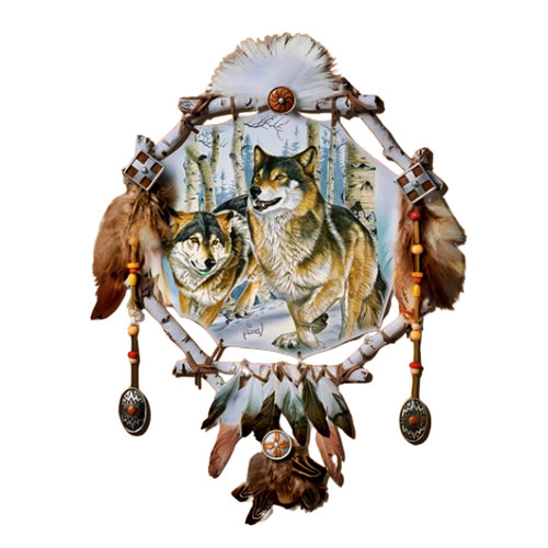 The Bradford Exchange Noble Guardians Souls of the Wilderness Dreamcatcher Handcrafted Sculpted Frame with Real Leather Feathers and Beadwork Indigenous-Inspired Wolf Artwork by Al Agnew 13-inches - RCE Global Solutions