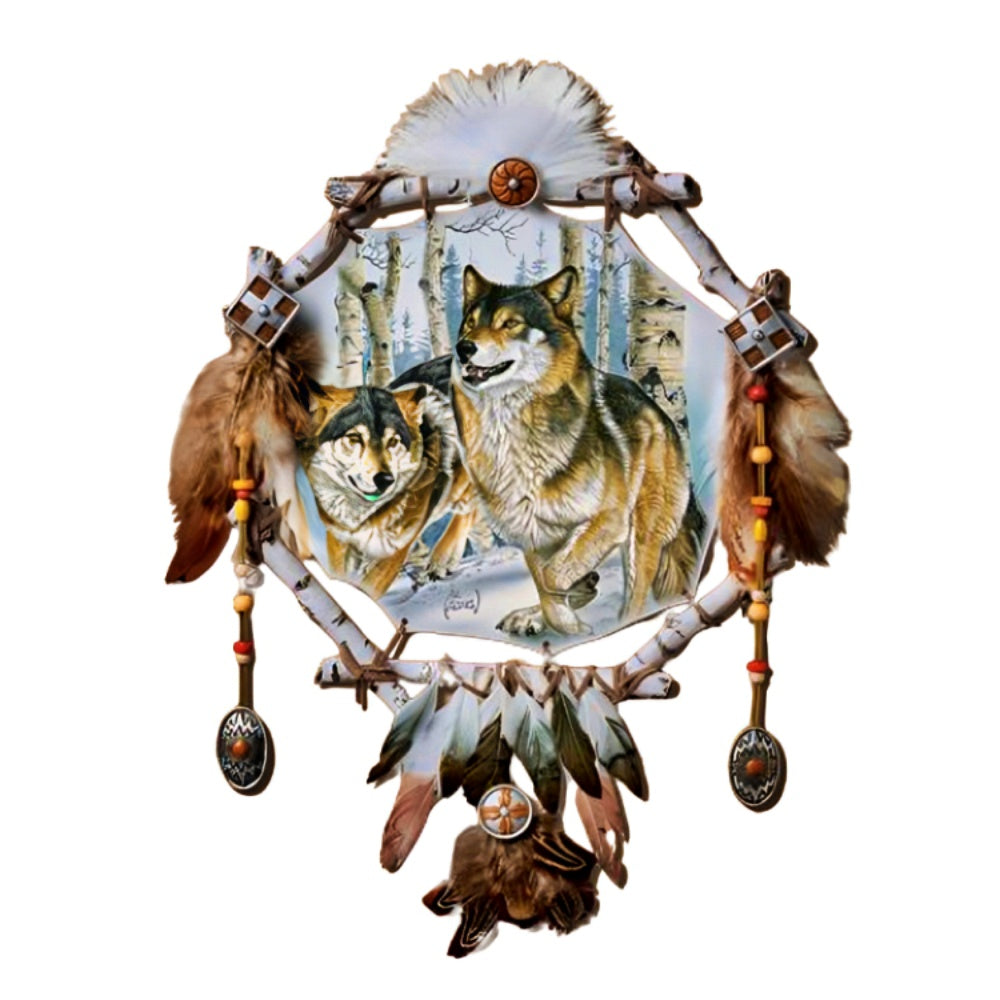 The Bradford Exchange Noble Guardians Souls of the Wilderness Dreamcatcher Handcrafted Sculpted Frame with Real Leather Feathers and Beadwork Indigenous-Inspired Wolf Artwork by Al Agnew 13-inches - RCE Global Solutions