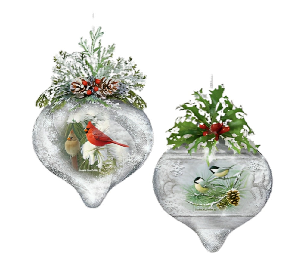 The Bradford Exchange Winter Wildlife Ornament Collection Issue #1 Winter Pair and Chickadees and Pinecones Handcrafted Glass Ornaments with Frosted Finish, LED Illumination & Festive Accents Christmas Decorations by Hautman Brothers 4-Inches - RCE Global Solutions