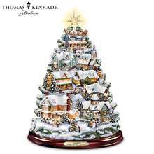 Load image into Gallery viewer, The Bradford Exchange Thomas Kinkade Songs Of The Season Illuminated Musical Tabletop Christmas Tree Decoration with 8 Fully Sculptural Buildings That Light Up With 8 Holiday Xmas Melodies 12&quot;-Inches
