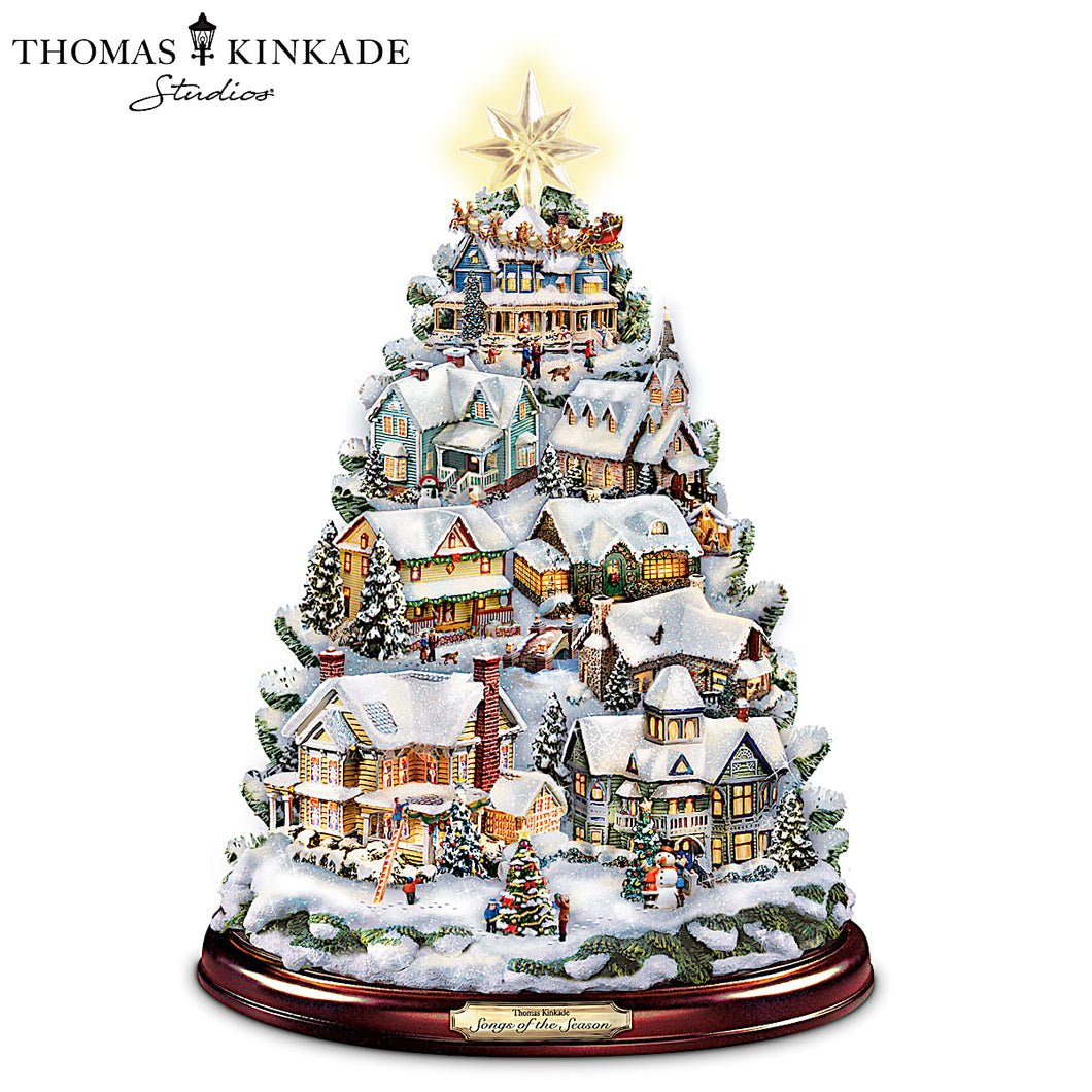 The Bradford Exchange Thomas Kinkade Songs Of The Season Illuminated Musical Tabletop Christmas Tree Decoration with 8 Fully Sculptural Buildings That Light Up With 8 Holiday Xmas Melodies 12