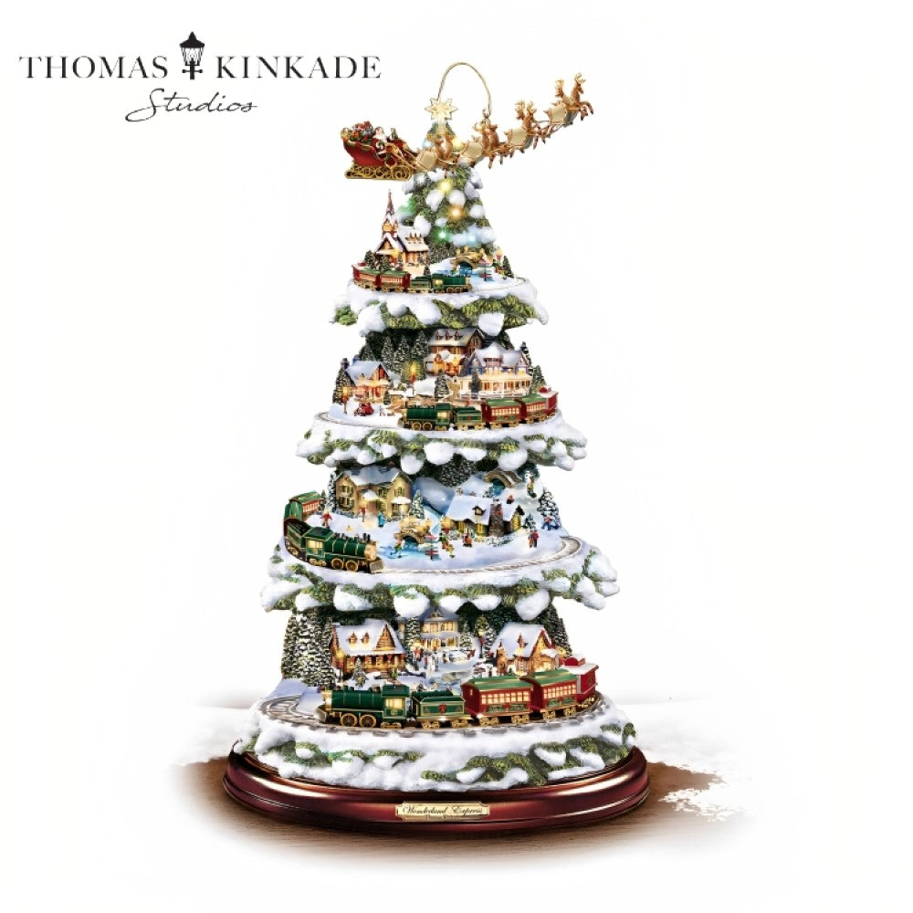 The Bradford Exchange Thomas Kinkade Wonderland Express Christmas Tree Decoration With Santa Sleigh Topper Lights Moving Train and Music With 8 Beloved Xmas Carols 16