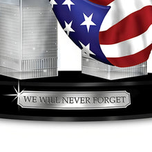 Load image into Gallery viewer, The Bradford Exchange World Trade Center Tribute Towers We Will Never Forget Collection Issue #1 Illuminated Sculptures Handcrafted Crystal Clear Resin Sculptures with Real Fabric American Flag Glossy Black Base with Silver-Finish Title Plaque 10-inches - RCE Global Solutions
