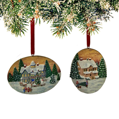 The Bradford Exchange Art Sculpted Christmas Ornaments Collection Issue #2: Snowy Day Ornaments #2 Art Sculpted Hand-Painted Holiday Village with Ribbon Hangers Collectible Christmas Tree Decor by Thomas Kinkade 4-inches