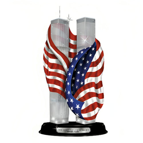 The Bradford Exchange World Trade Center Tribute Towers We Will Never Forget Collection Issue #1 Illuminated Sculptures Handcrafted Crystal Clear Resin Sculptures with Real Fabric American Flag Glossy Black Base with Silver-Finish Title Plaque 10-inches - RCE Global Solutions