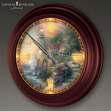 Load image into Gallery viewer, The Bradford Exchange Light of Peace Wall Clock Lighthouse Decor Atomic Clock with Copper-Toned Metal Housing Self-Setting Illuminating Artisan Hand-Applied Artwork Coastal Cottage Features The Light of Peace Scene by Thomas Kinkade 14" D - RCE Global Solutions
