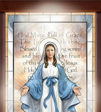 Load image into Gallery viewer, The Bradford Exchange Mary&#39;s Grace Wall Decor Self-Illuminated Stained Glass Featuring The Image Of The Blessed Mother &quot;Hail Mary&quot; with A Cherry-Finish Wooden Frame 18-Inches - RCE Global Solutions
