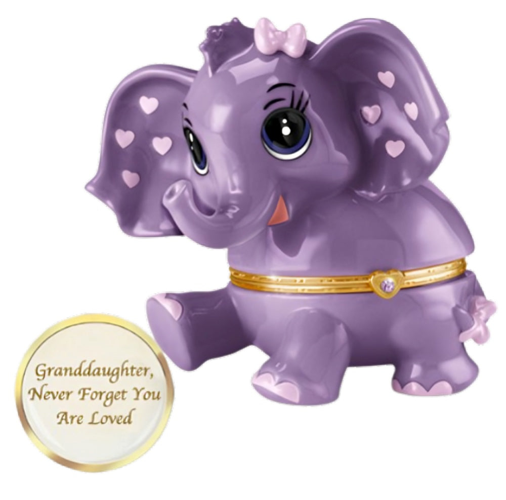 The Bradford Exchange Granddaughter, Never Forget You Are Loved Birthstone Music Box Collection Issue #2: February Heirloom Porcelain Elephant with Swarovski Crystal and Plays 