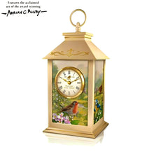 Load image into Gallery viewer, The Bradford Exchange Messenger From Heaven Illuminated Lantern Clock LED Lantern with Roman Numerals Gold Scrolls and Heart Motifs Handcrafted Memorial Tribute Artwork by Adrian Rigby 12-inches
