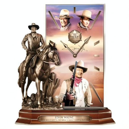 The Bradford Exchange John Wayne Desk Clock Western Bronze Sculptural Collectible Crafted & Richly Detailed with Quartz Movement Americana Home Decor 10-inches