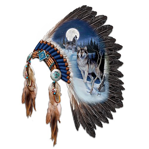 The Bradford Exchange Replica Warrior Headdress with Wolf Art Wall Decor: Moonlit Majesty - RCE Global Solutions