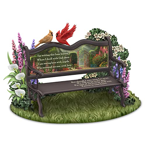 The Hamilton Collection Until We Meet Again Remembrance Sculpture Featuring A Park Bench with Artwork by Artist Thomas Kinkade & Adorned with Sculpted Flowers & Cardinals 6"-Inches