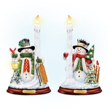 Load image into Gallery viewer, The Bradford Exchange All Is Bright Illuminated Flameless Candleholder Set Snowman Sculptures by Thomas Kinkade 5-1/8&quot;W x 9&quot;H - RCE Global Solutions
