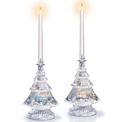 The Bradford Exchange 'Crystal Glow' Illuminated Crystal Candleholders with Flameless Candles Victorian Holiday Tree Artwork Unique Christmas Decoration - Set of 2 by Thomas Kinkade 11.25-inches - RCE Global Solutions