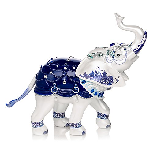 The Hamilton Collection Sparkling Blue Willow Hand-Painted Elephant Figurine Adorned with Swarovski Crystals 7"-Inches