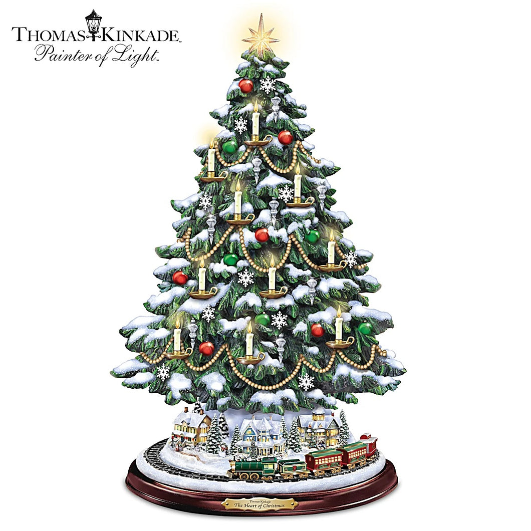 The Bradford Exchange Thomas Kinkade The Heart of Christmas Tree Handcrafted Holiday Decor with Illuminated LED Candles Sculpted Village Buildings Star Topper and Plays Music with Rotating Train 13