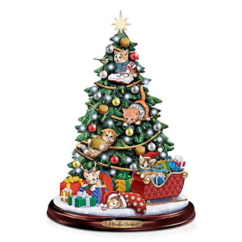 The Bradford Exchange Jurgen Scholz A Purrrfect Christmas Cat-Themed Illuminated Tabletop Christmas Tree Featuring Hand-Painted Kitten Sculptures