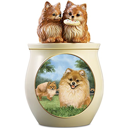 Linda Picken Pomeranian Art Ceramic Cookie Jar With Sculpted Pomeranians On Lid by The Bradford Exchange - RCE Global Solutions