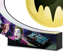 Load image into Gallery viewer, The Bradford Exchange Illuminated Levitating Bat Signal Lights Up with Classic Batman TV Series Imagery of Batman Robin Catwoman Riddler Penguin Joker Batmobile 7&quot;-Inches - RCE Global Solutions
