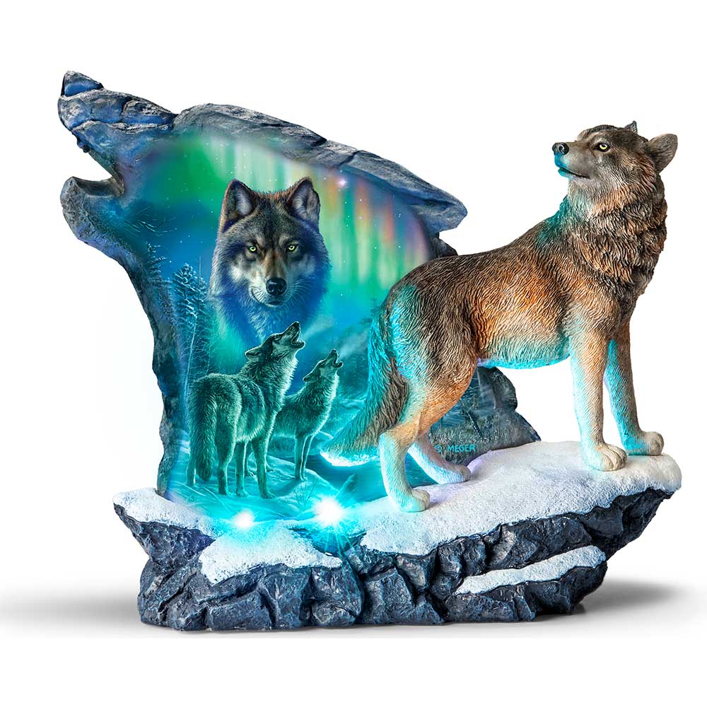 The Bradford Exchange Sacred Spirits Wolf Illuminated Aurora Borealis Sculpture by James Meger 7.5-inches - RCE Global Solutions