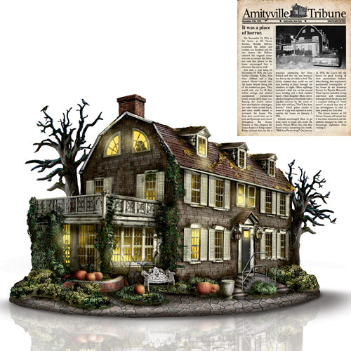The Bradford Exchange America's Most Haunted Village Collection Issue #1: 'Amityville House' Hand-Painted Illuminated Sculpture with Ghoulish Apparitions Halloween Decorations 6.5-Inches