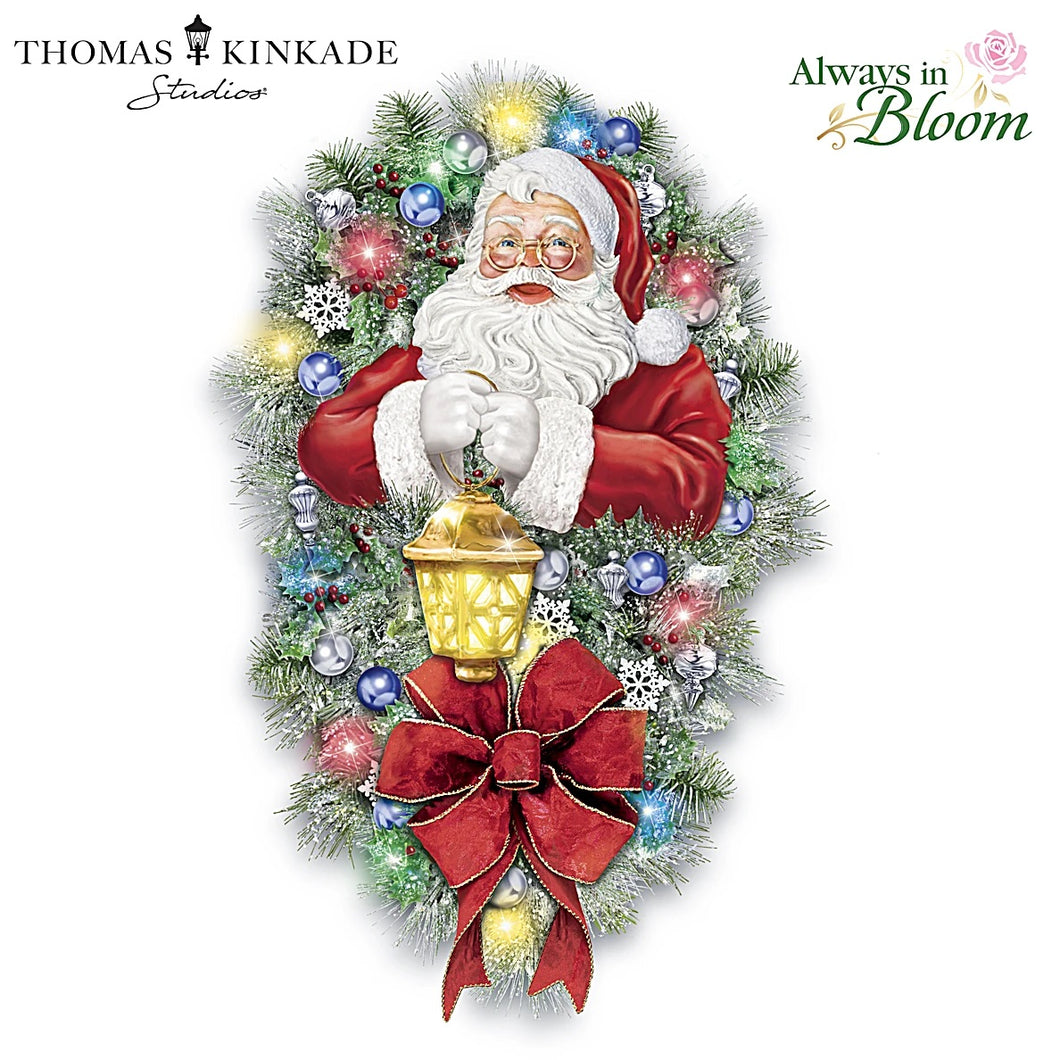 The Bradford Exchange Thomas Kinkade Always In Bloom A Most Enchanted Christmas Wreath Santa Claus Sculpture Lights Up 24-inches - RCE Global Solutions