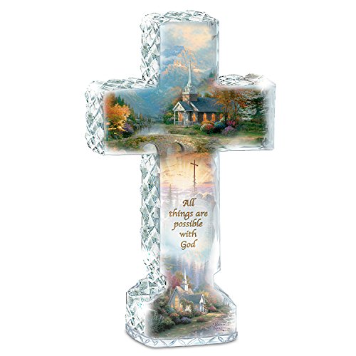 The Bradford Exchange Thomas Kinkade Faceted Crystalline Cross with Chapel Art and Uplifting Message - RCE Global Solutions