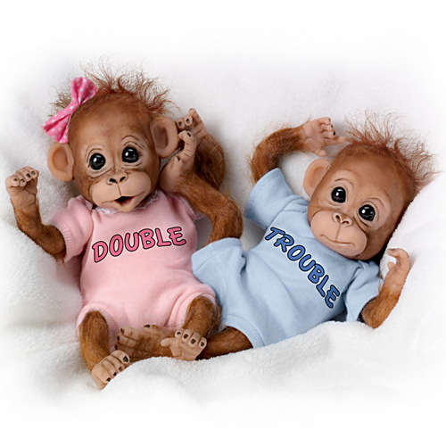 The Ashton-Drake Galleries Double Trouble Realistic Lifelike Orangutan Twin Boy Girl Baby Monkey Doll Set Fully Poseable with Soft Vinyl Skin and Hand Applied Hair by Artist Cindy Sales 8"-Inches