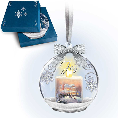 Bradford Exchange Thomas Kinkade JOY Candles Glow Illuminated Glass Ornament - RCE Global Solutions