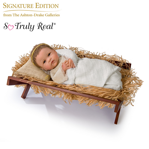 The Ashton - Drake Galleries Jesus Our Savior With Realistic Manger And Natural Fabrics So Truly Real® Lifelike & RealTouch® Vinyl Skin Hand-Rooted Hair Weighted Doll by Linda Murray 17-inches - RCE Global Solutions