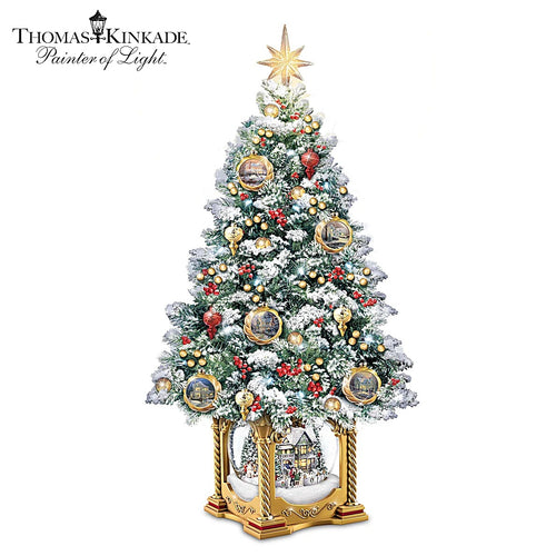 The Bradford Exchange Thomas Kinkade Snow Kissed Holiday Memories Snow Globe Tabletop Christmas Tree With LED Lights Holiday Art Ornaments Snow Tipped Branches and Plays 8 Christmas Carols 21.5-Inches
