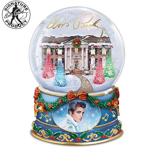 The Bradford Exchange Elvis Presley Merry Christmas From Graceland Light-Up Glitter Globe Plays Blue Christmas 6.75 Inches