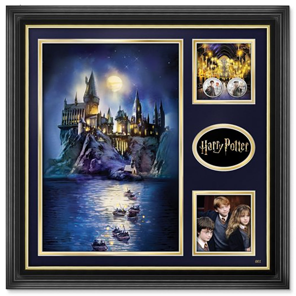 The Bradford Exchange Harry Potter The Philosopher's Stone Hogwarts and The Black Lake Framed Print with a Depiction of The Great Hall set with Two Lustrous Silver Plated Harry Potter and Professor Dumbledore Coins 19.6