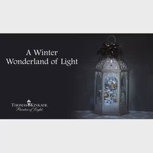 Load and play video in Gallery viewer, The Bradford Exchange Thomas Kinkade Winter Wonderful Christmas Decor Lantern With Revolving Snowflake Sparkle Light 6 Sided Glass Panel Viewing with Fully Dimensional Holiday Village 17&quot;-Inches
