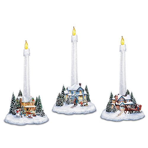 The Bradford Exchange Thomas Kinkade Holiday Lights, Spirits Bright Village Candleholders with Flameless Candles - RCE Global Solutions