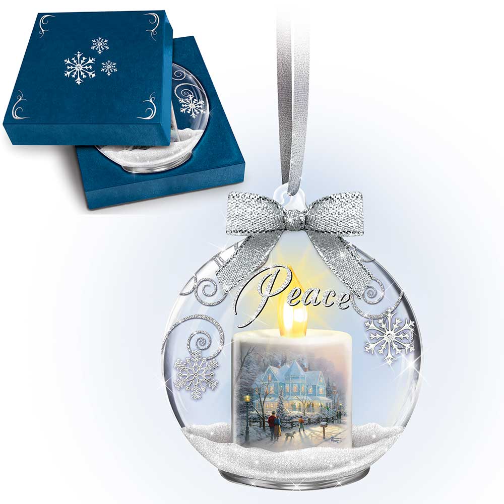 Bradford Exchange Thomas Kinkade PEACE Candles Glow Illuminated Glass Ornament - RCE Global Solutions