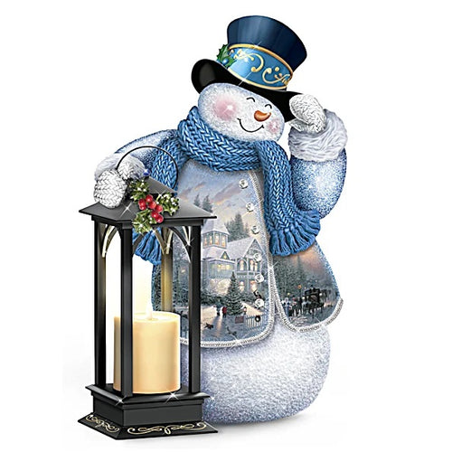 The Bradford Exchange Thomas Kinkade Holiday Greetings Snowman Candle Issue #1 Lighted Musical Snowman Lantern Warm Wishes Tabletop Centerpiece Collection 7-inches