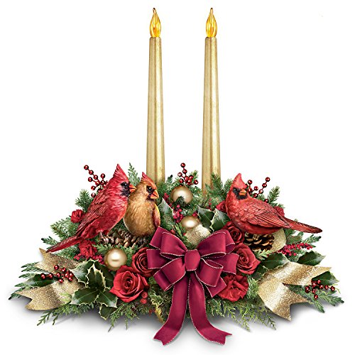 The Bradford Exchange Spirit of the Season Always in Bloom® Christmas Floral Arrangement Table Centerpiece Decoration Lifelike Cardinal Sculptures Two Sculpted Candles and 8 Holiday Music Melodies 14"-Inches