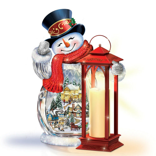 The Bradford Exchange Holiday Greetings Snowman Crystal Victorian Style Lantern Illuminated Masterpiece with Music and Timeless Elegance Flameless Candle Christmas Decoration by T-Kinkade 8-inches - RCE Global Solutions