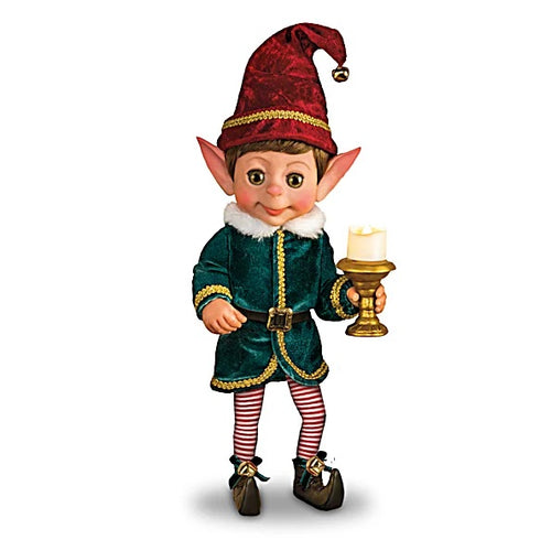 The Ashton - Drake Galleries Charlie the Christmas Elf Holiday Decor Doll with an Illuminating Candle Stocking and Santa's List Poseable High Quality Vinyl by Ina Volprich 14