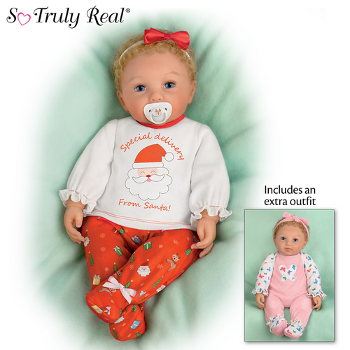 The Ashton - Drake Galleries Mommy's Girl Holiday Edition Baby Doll With 2 Outfits Lifelike & Poseable RealTouch® Vinyl Skin, Hand Rooted Hair & Cuddly Beanbag Body Girl Doll by Ping Lau 17-inches - RCE Global Solutions