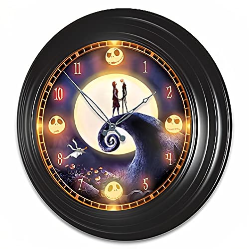 Disney Tim Burton's The Nightmare Before Christmas Illuminated Outdoor Black Metal Atomic Wall Clock Adorned with Colorful Ghoulish Art from The Movie