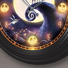 Load image into Gallery viewer, Disney Tim Burton&#39;s The Nightmare Before Christmas Illuminated Outdoor Black Metal Atomic Wall Clock Adorned with Colorful Ghoulish Art from The Movie - RCE Global Solutions
