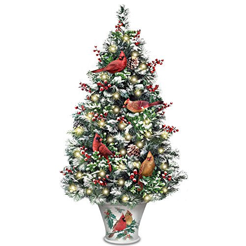 The Bradford Exchange Winter's Beautiful Blessings Illuminated Tabletop Christmas Tree with Joseph Hautman Wildlife Artwork Vase and 4 Handcrafted Cardinal Sculptures Convenient 5hr Timer 24"-Inches