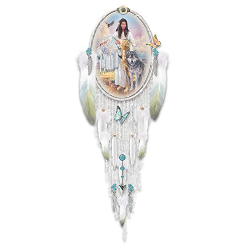 The Bradford Exchange Beautiful Guardians Wall Decor Collection Issue #1: 'Peace Dreamcatcher' Hand-Painted Oval Frame with Real Feathers Beads and Stretched Leather by Russ Docken 20-Inches